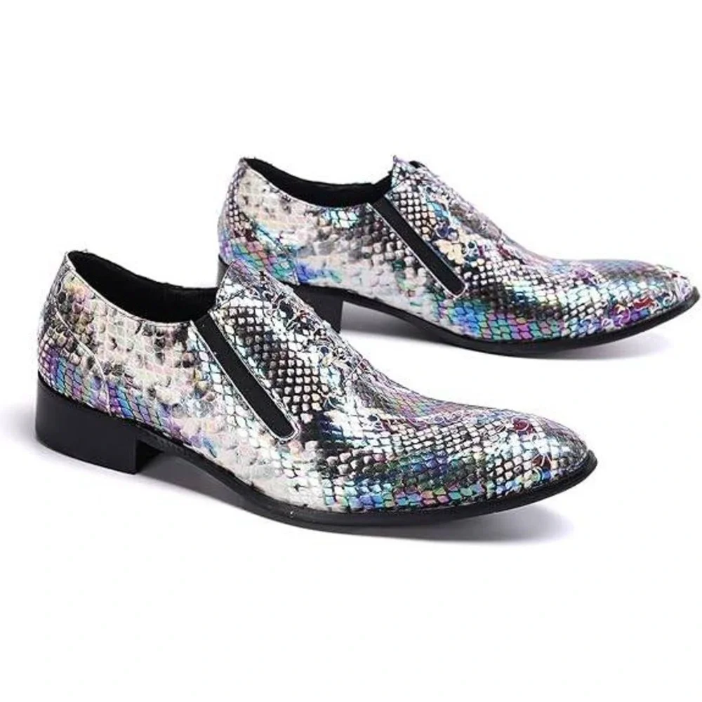 Santimon Men's US 6 Multi Purple Snake Print Leather Slip On Loafers Dress Shoes